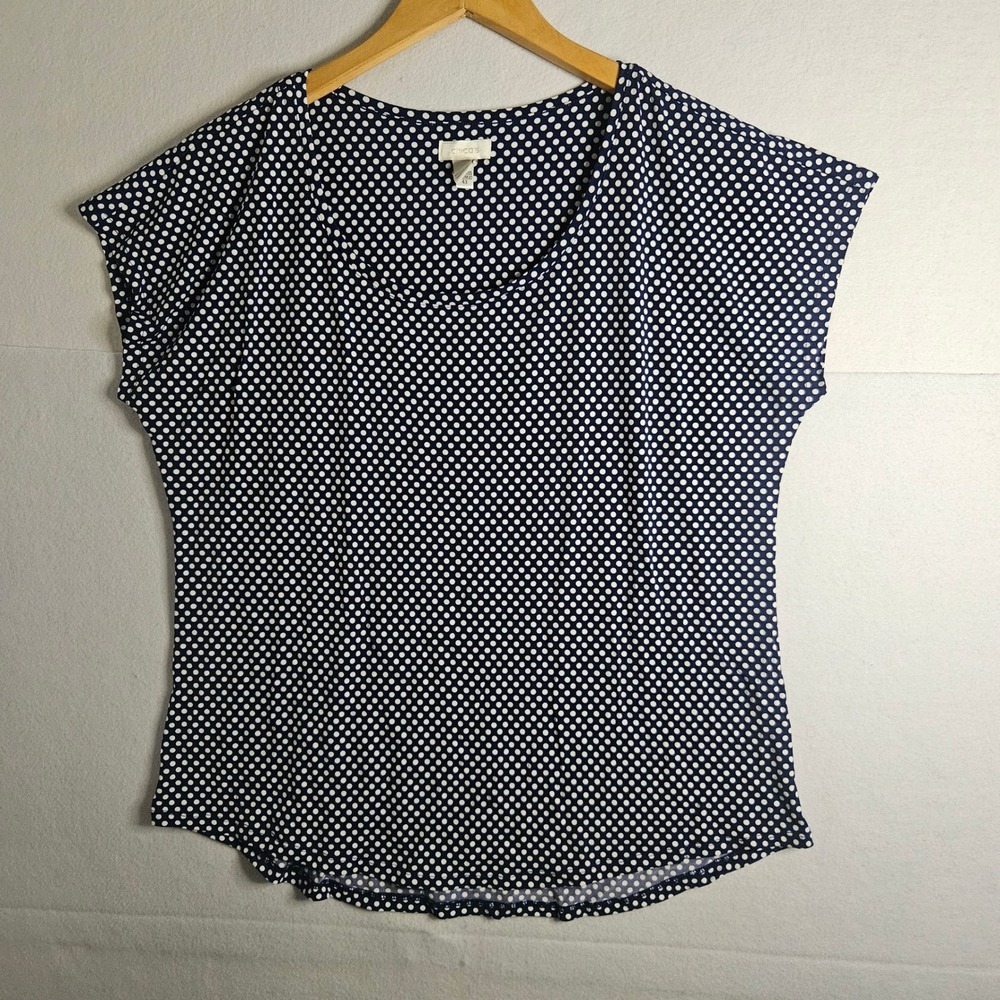 Chico's Polka Dot Top Navy Blue White Scoop Neck Short Sleeve Blouse Size 2 L/XL